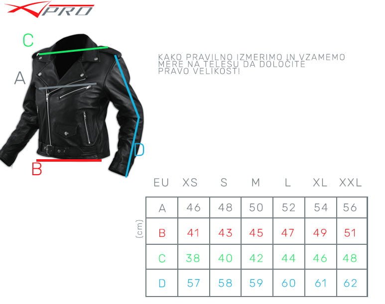 velikost usnjena jakna klasik zenska