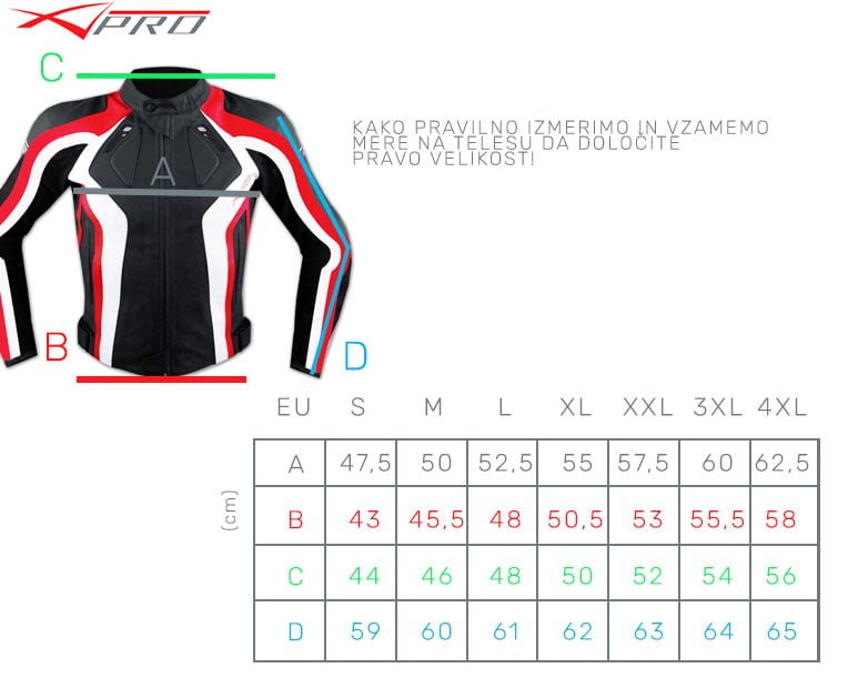 velikosti usnjena jakna moski